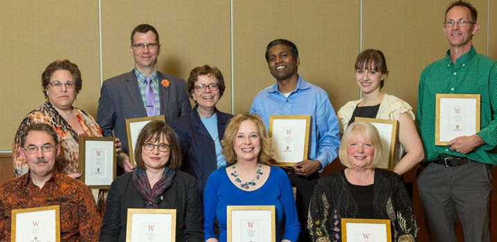 Recipients of the 2014 Distinguished Teaching Awards include (from left): Front: Sigurd Angenent, professor of mathematics, Chancellor’s Award; Anja Wanner, professor of English, Chancellor’s Award; Sissel Schroeder, professor of anthropology, Chancellor’s Award; Chelcy Bowles, professor of music, Van Hise Outreach Teaching Award. Rear: Alta Charo, Warren P. Knowles professor of law, Chancellor’s Award; John Hall, assistant professor of history, William H. Kiekhofer Award; Chancellor Rebecca Blank; Karthikeyan Sankaralingam, associate professor of computer sciences, Emil H. Steiger Award; Laura Bartol, accepting for her father, Michael Plesha, professor of engineering physics, Chancellor’s Award; Stephen C. Gammie, professor of zoology, Chancellor’s Award. Not pictured: Michael Plesha; Douglas Weibel, associate professor of biochemistry, Class of 1955 Award.