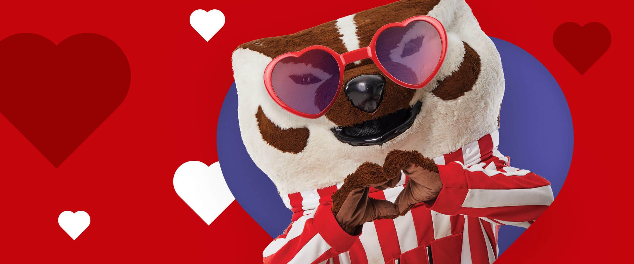 Bucky wearing heart glasses