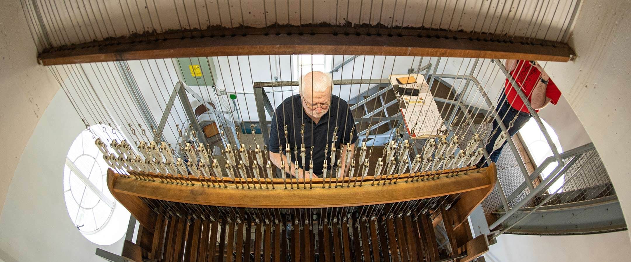 Anderson’s keyboard is connected by wires to the 56 carillon bells, ranging from 15 to 6,823 pounds.