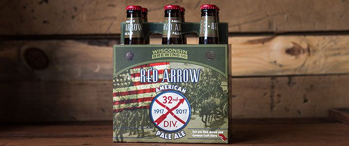 Six pack of the Badger inspired Red Arrow beer created by the Wisconsin Brerwing Company and the UW.