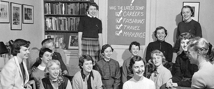 Image of Wisconsin students meeting about careers, fashions, travel and marraige.