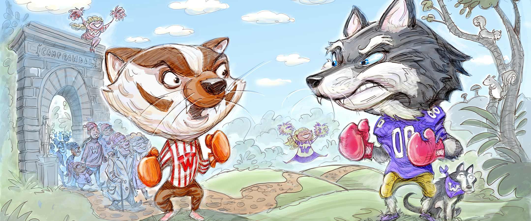 Two sports mascots getting ready to fight. Illustrations by Brian Ajhar