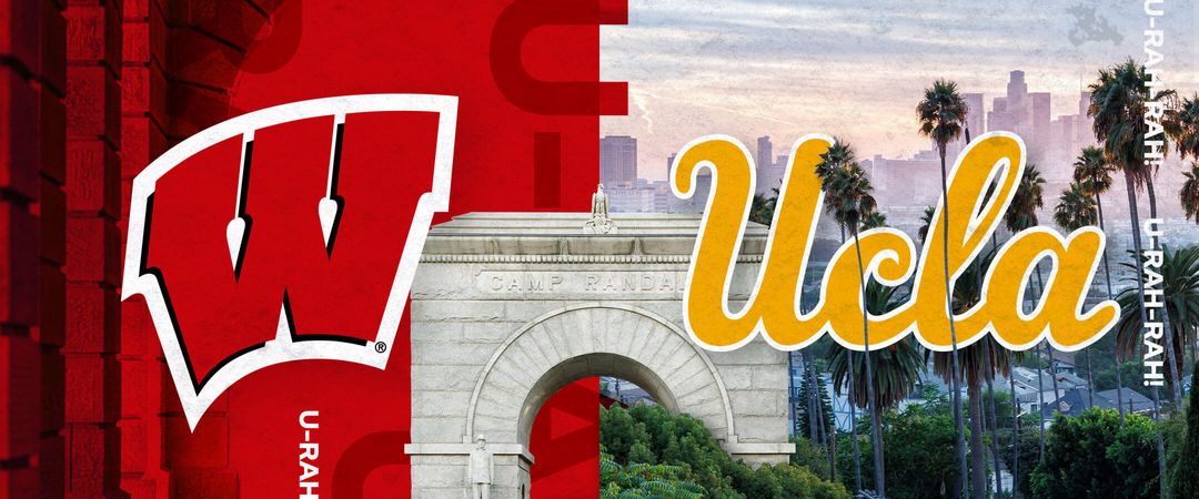 Side-by-side Motion W and UCLA logo with the Camp Randall arch in the background.
