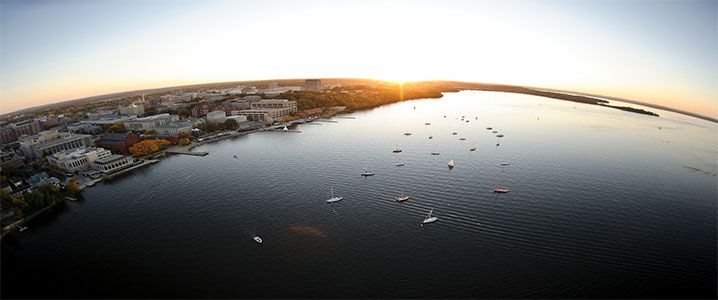 Aerial image of Madison overlookign the Memorial Union and Picnic Point.