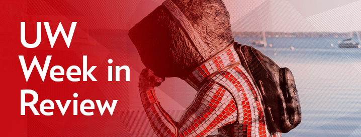 Well Red Bukcy looking into the sunset, foreground text reads "UW week in Review""