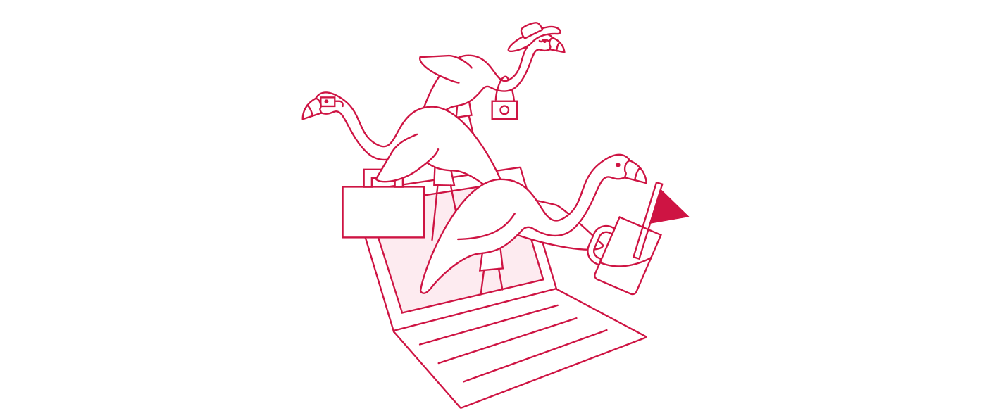 An illustration features three flamingos emerging from a computer screen, each wearing different accessories. There is a small red flag on the frontmost flamingo, indicating that its online behavior might be cause for concern.
