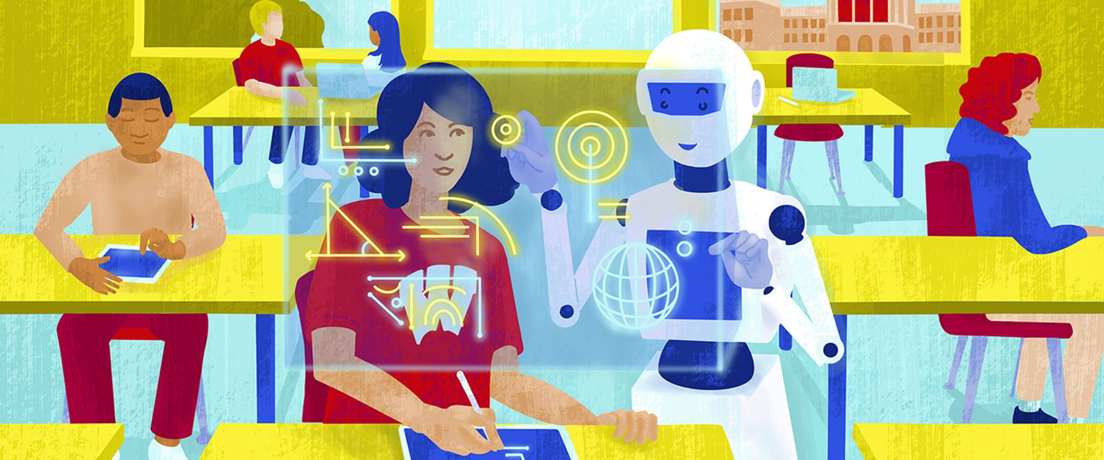 Graphic of UW student interacting with a robot