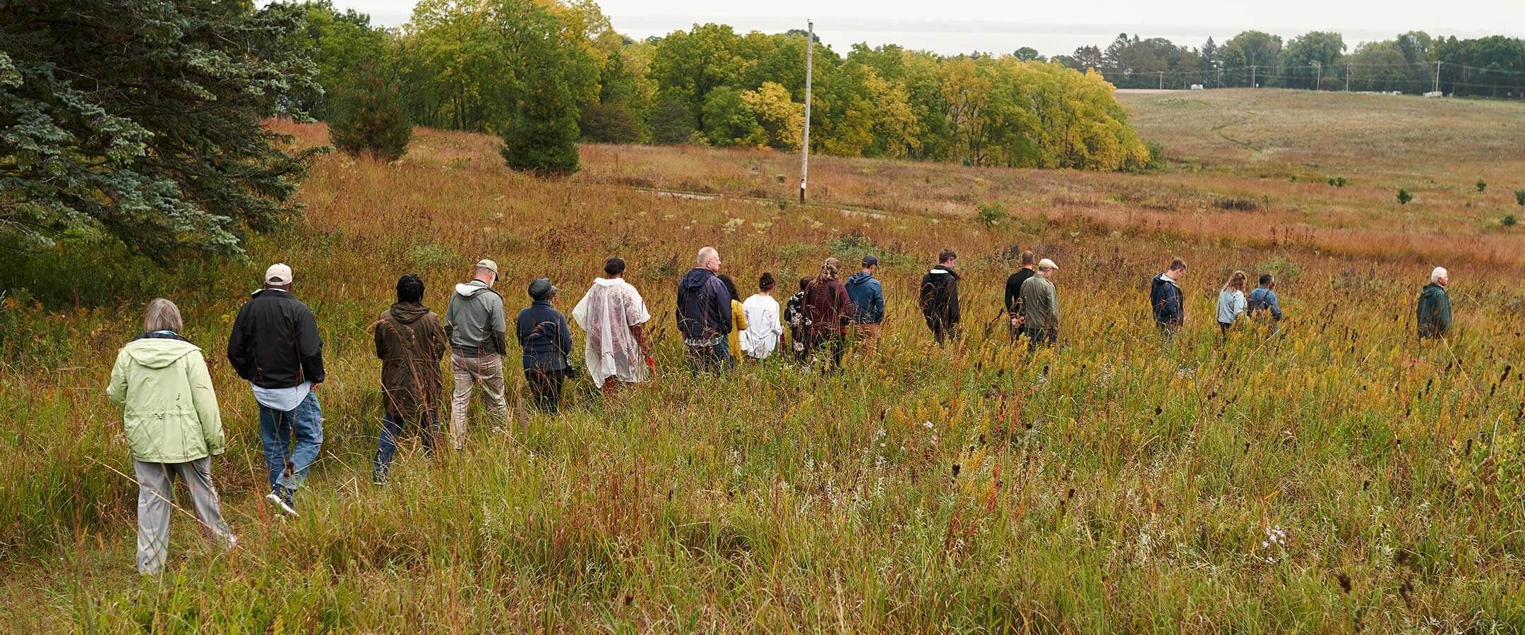 Line of hikers walking.