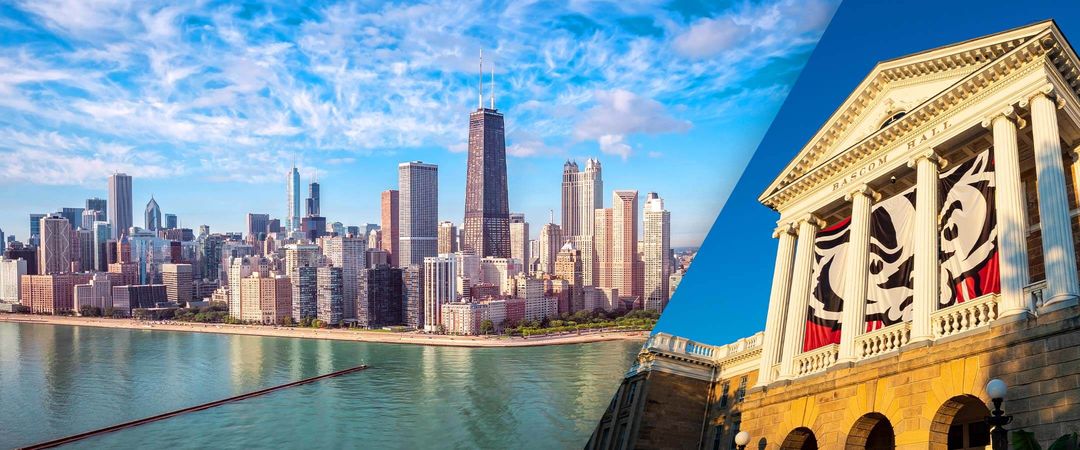 Chicago Skyline split in a collage with Bascom Hall